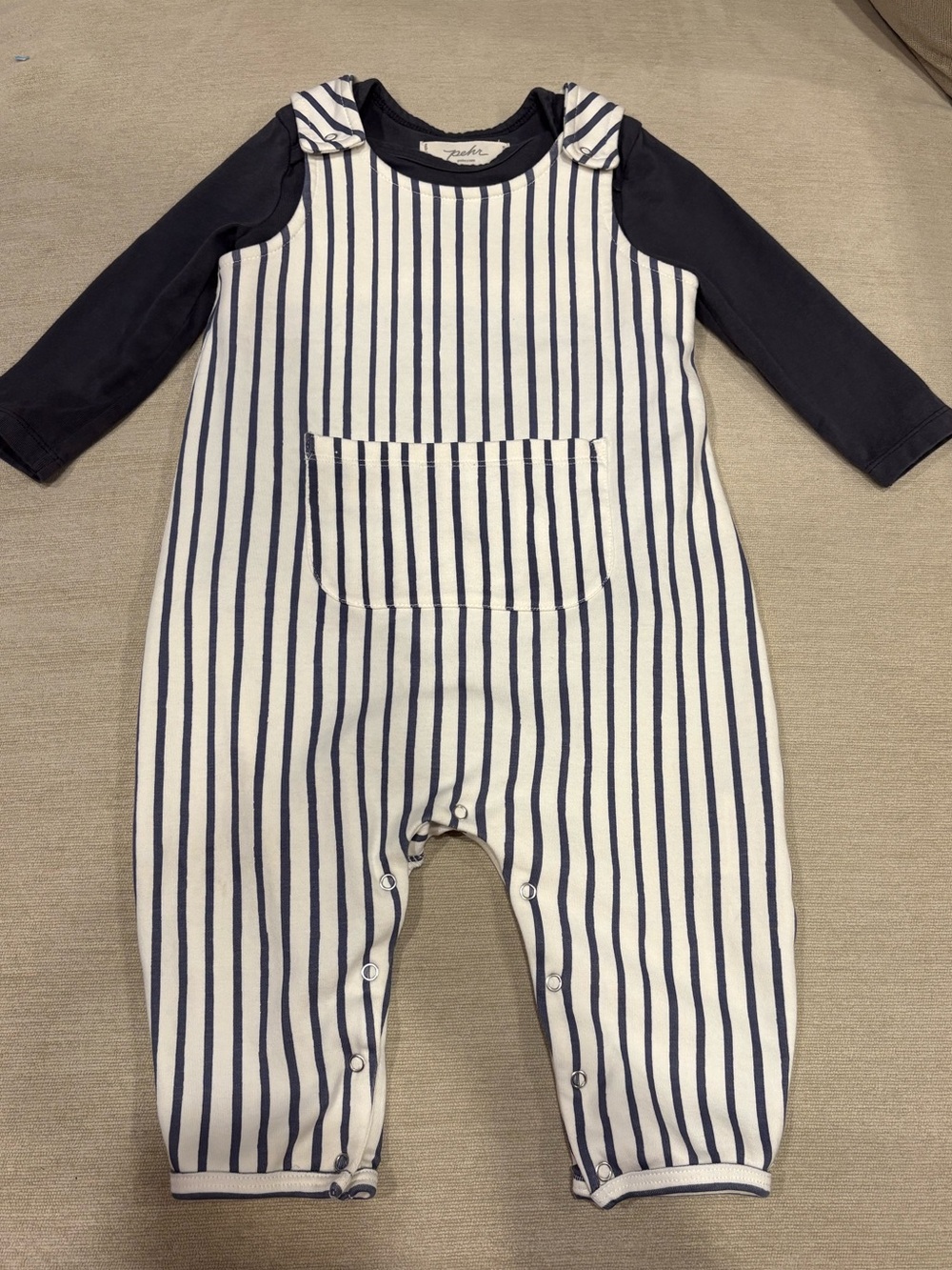 Pehr Stripes Away Ink Blue Gray Overall with Ink Pocket Bodysuit 12-18